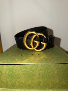 Gucci Black Leather Belt with Gold Double G Logo